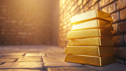 Stacked gold bars against a brick wall symbolize wealth security stability and financial success Modern 3D render with bright tones and blurred background conveys prosperity resilience and investment