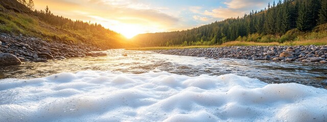 Serene River at Sunrise with Foamy Water and Trees in Background