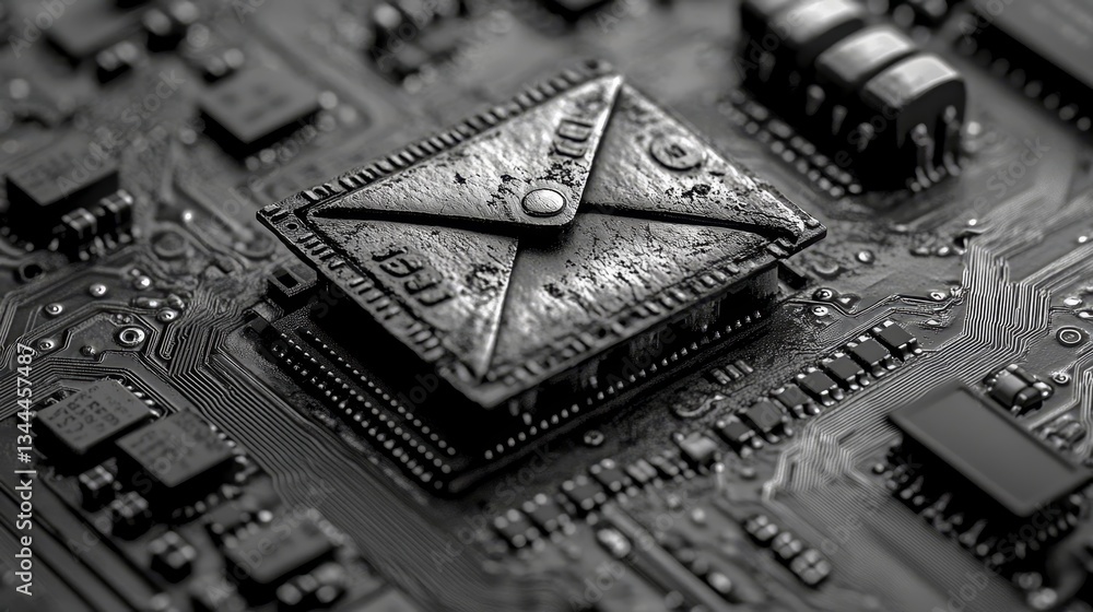 Poster the concept of email technology is illustrated through a 3d render of a microchip with an envelope s