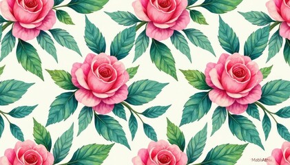 Delicate watercolor rose buds, intertwined leaves forming a seamless repeat , floral pattern, green