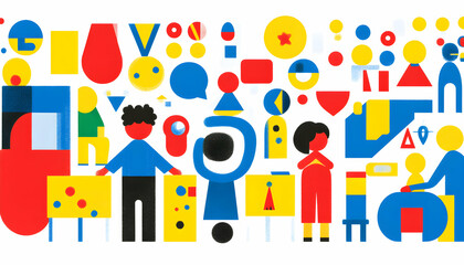 Fototapeta premium Abstract illustration of diverse people collaborating, using bold geometric shapes and vibrant primary colors. Perfect for concepts of teamwork, innovation, and creativity.