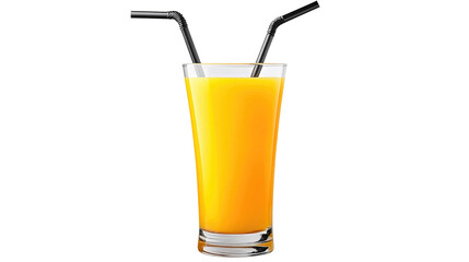 Refreshing Bright Orange Juice in Clear Glass with Two Straws on White Background