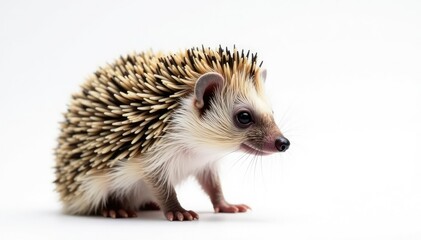 Fototapeta premium Close-up of a solitary hedgehog against a bright white backdrop , closeup, studio, cute