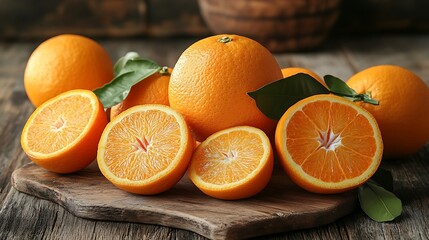 Fresh oranges on wooden board.