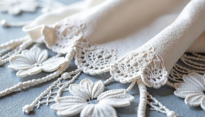 Fototapeta premium Intricate floral lace, delicate white threads, floral, net, sewing