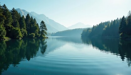 Naklejka premium Calm lake surface reflecting trees, ripples spreading from center, pond, shadow
