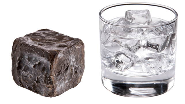 Ice Cube with Smoky Texture Next to a Glass of Clear Ice Cubes on White Background
