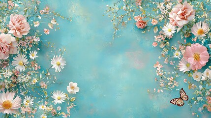Floral arrangement on blue background, flowers and butterfly for decoration or wallpaper