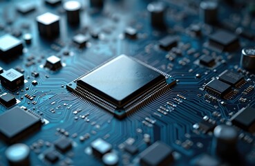 Closeup of electronic circuit mainboard with microchips. Logic board central processing unit CPU motherboard circuit system board. Computer digital hardware processor communication engineering tech