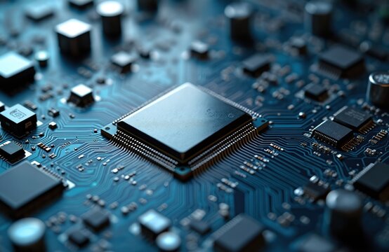 Closeup of electronic circuit mainboard with microchips. Logic board central processing unit CPU motherboard circuit system board. Computer digital hardware processor communication engineering tech