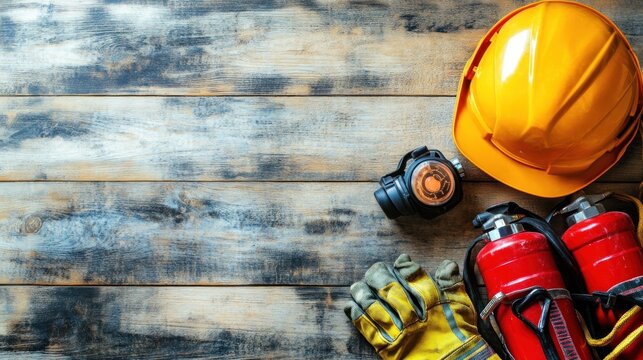Safety Equipment on Rustic Wooden Background, visual representation of industrial safety and protection.
