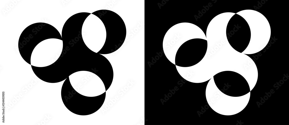 Poster Spiral with 3 rounded shapes as logo, icon or design element. Black shape on a white background and the same white shape on the black side.