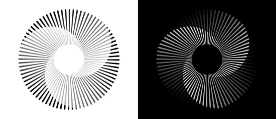 Spiral with lines in circle. Abstract geometric art line background, logo, icon, design element. A black figure on a white background and an equally white figure on the black side.
