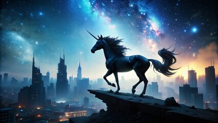 Naklejka premium Urban Exploration: Black Unicorn Silhouette with Stars - Mysterious Night Scene
