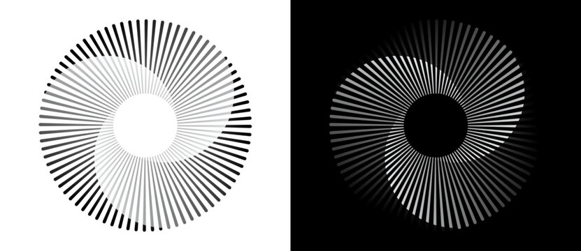 Spiral with lines in circle. Abstract geometric art line background, logo, icon, design element. A black figure on a white background and an equally white figure on the black side.