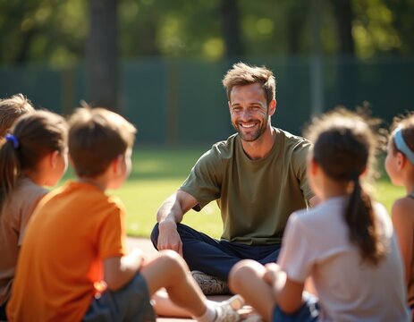 Elementary school kids sit in circle listening male teacher coach outdoor. Young happy children listening mentor explain new topic. Educational, physical lesson, learning motivation, sport team talk.