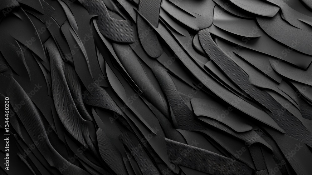 Poster the background is an abstract formation composed of black 3d ribbons, presented in a dark 3d renderi
