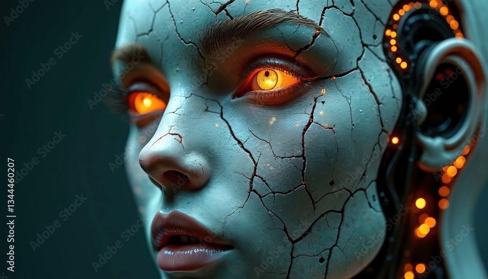 Poster close-up of futuristic robot face with glowing circuitry. ai android with cracks on face skin and br