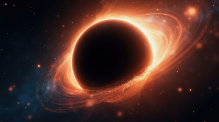 An astronomical phenomenon illustrates a black hole at the center, surrounded by vibrant energy swirling in the cosmos, highlighting the mystery of space.