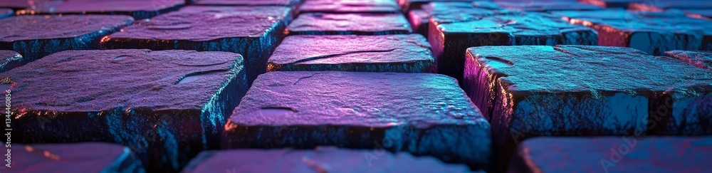Poster a 3d render of multisized blocks in violet and white, precisely constructed to form an innovative te