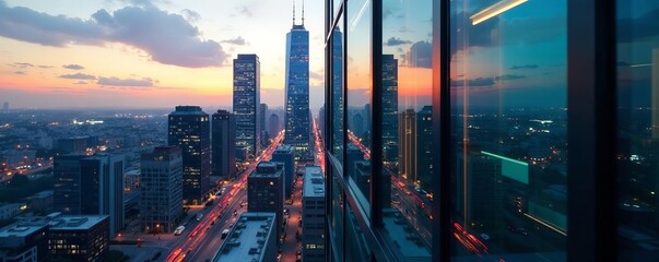 Closeup of modern office building windows reflecting financial district skyline, cityscape, skyscraper