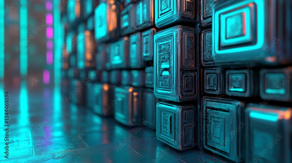 Poster the cubes are neatly arranged and glossy, with a blue innovative tech background in a 3d render