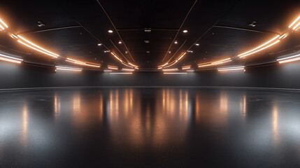 Obraz premium 360 degree full panorama environment of black minimalistic studio environment with bright lights and reflections, 3d render illustration hdri hdr vr virtual reality