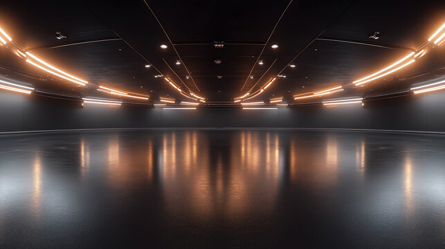 360 degree full panorama environment of black minimalistic studio environment with bright lights and reflections, 3d render illustration hdri hdr vr virtual reality