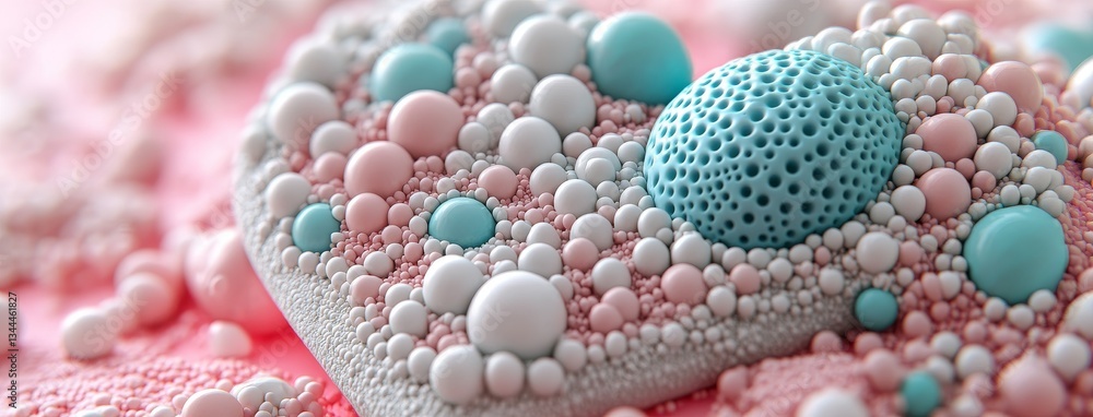 Poster the image features a 3d render of balloons in pink and cream, arranged to form a heart shape with co