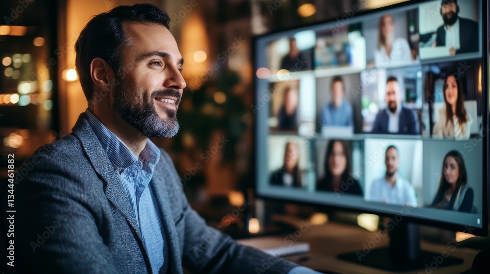 Poster Man Smiling While Participating in Virtual Business Conference with Multiple Screen Participants