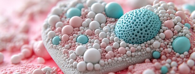 Fototapeta premium The image features a 3D render of balloons in pink and cream, arranged to form a heart shape with copy-space