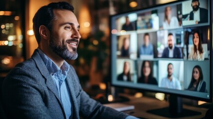 Man Smiling While Participating in Virtual Business Conference with Multiple Screen Participants