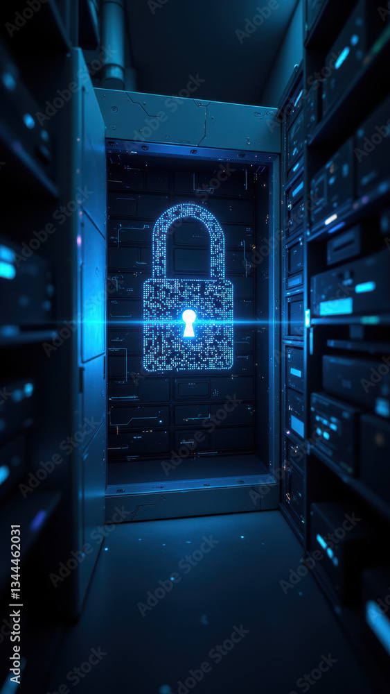 Aufkleber a futuristic depiction of a secure data center with a prominent lock symbolizing cybersecurity prote