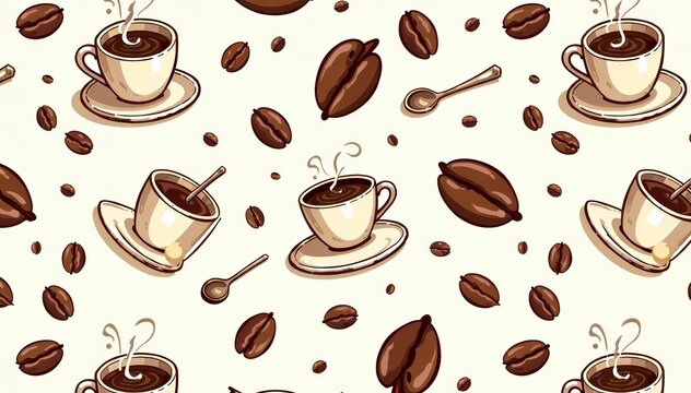 Coffee cups, beans, and spoons doodles in seamless pattern, cups, coffee