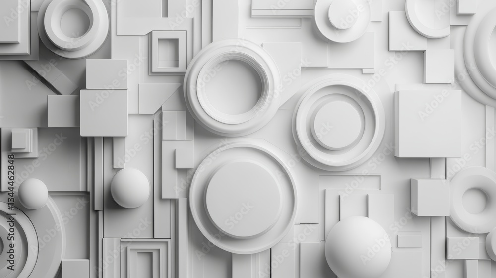 Poster various 3d blocks are arranged neatly to create a wall, complemented by a white futuristic wallpaper