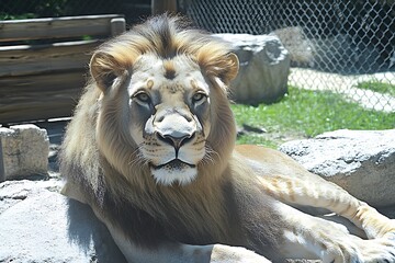 Naklejka premium Majestic Lion Resting in Sunny Zoo Enclosure.