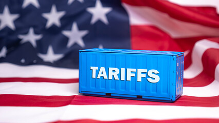 Container tariffs word on Flag of the United States of America background.
Tariff US trade war with...