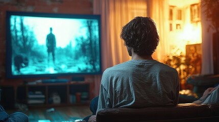 Person watching a suspenseful movie at home with a cozy atmosphere