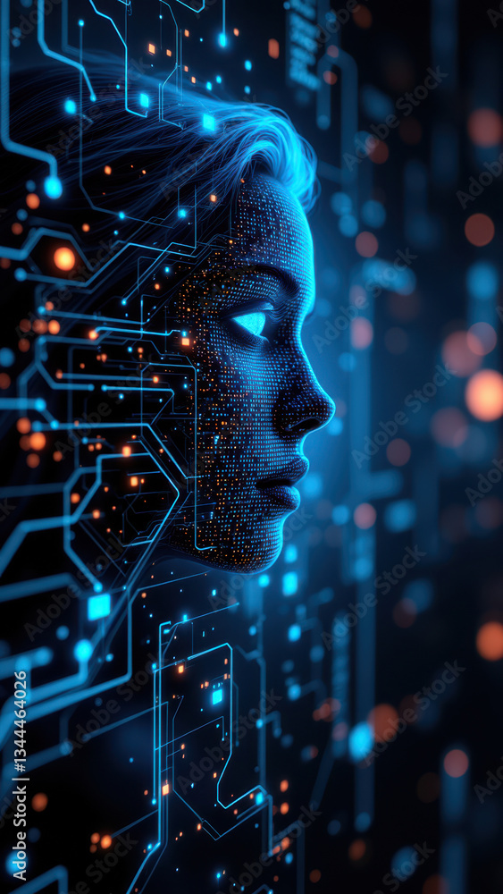 Poster cybersecurity digital art with human face merging into circuits.