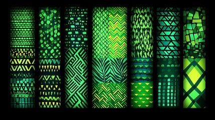 Green geometric and tribal seamless patterns.