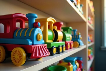 Colorful toy trains hanging in a row as decorative border, hobby, rail