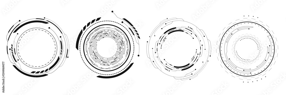Aufkleber set of black hud circles with electronic elements on white background. digital tech backdrop. hi-tec