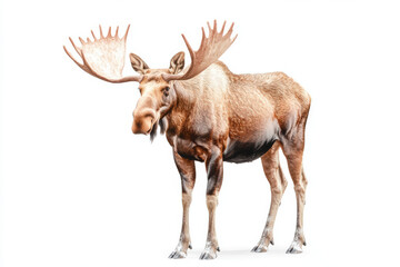 Realistic old and dominant moose with massive antlers and thick brown fur standing with a strong posture on an isolated white background