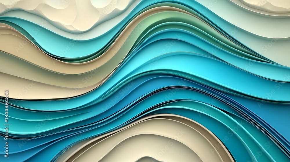 Poster the 3d render features undulating lines in shades of blue, white, and orange that create a rippling 