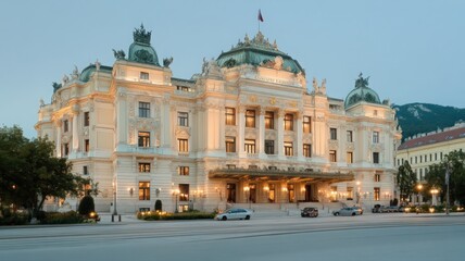 Fototapeta premium Grand Ornate Building at Dusk: Illuminated Classical Architecture
