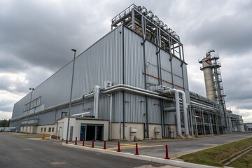 Obraz premium A colossal industrial facility, a testament to modern engineering, stands under a brooding sky, its metallic expanse reflecting the overcast light.