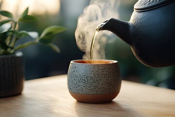 Warm tea pouring from an elegant pot into textured cup, steam ri