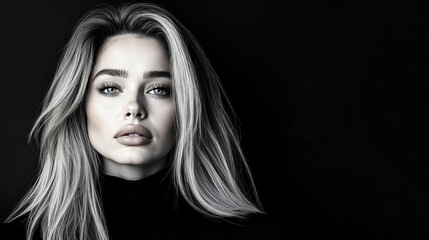 Naklejka premium A woman with long blonde hair and a black turtle neck sweater
