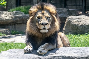 Naklejka premium Majestic Lion Resting Zoo Enclosure.