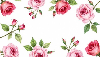 Fototapeta premium Delicate watercolor roses, leaves, and buds in a repeating pattern , romantic, pink
